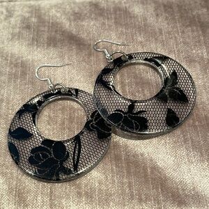 Lucite Black Lace Rose Earrings 925 French Hooks Sterling Silver